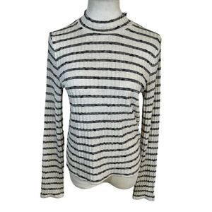 Prince & Fox White Black Grey Horizontal Striped Turtleneck Long Sleeve Top